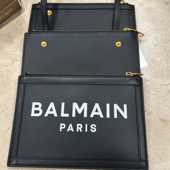 BALMAIN B-ARMY THREE COMPARTMENT BLACK LEATHER LOGO PRINT BAG CLUTCH CROSSBODY - Picture 9 of 16